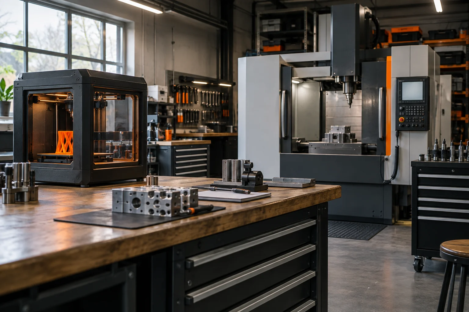 Illustrative technical workshop with enclosed equipment and precision tools